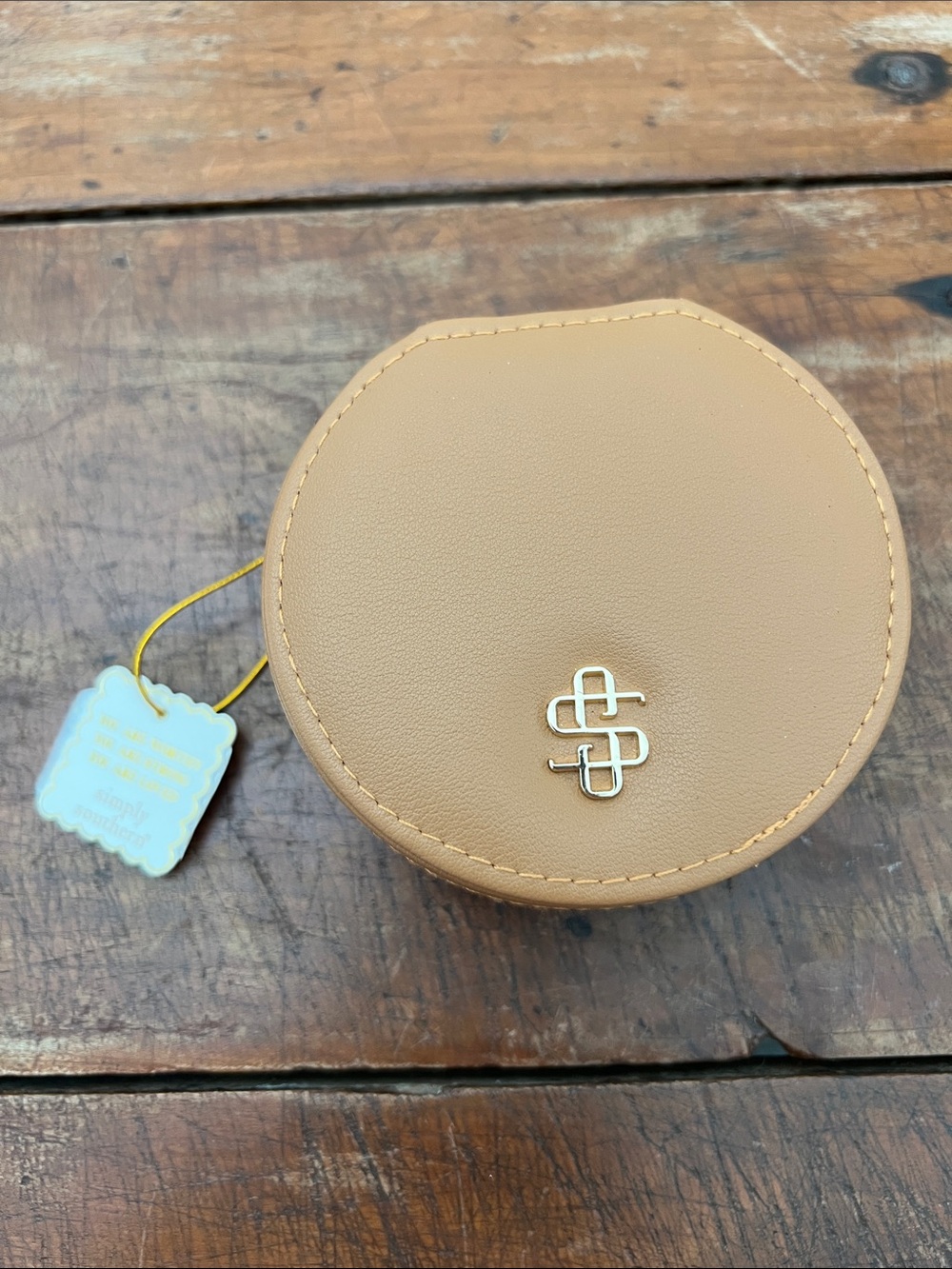 Simply Southern Leather Round Travel Jewelry Case in Tan with Gold Accent. 4” W